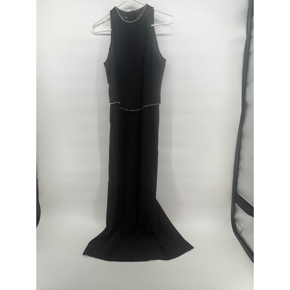 Jones New York Evening Black Rhinestone Trim Sleeveless Maxi Dress Petite 4P